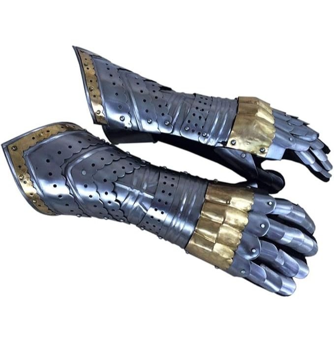 Gauntlet Gloves Armor Pair w/Brass Accents/Medieval Knight Crusader/Steel