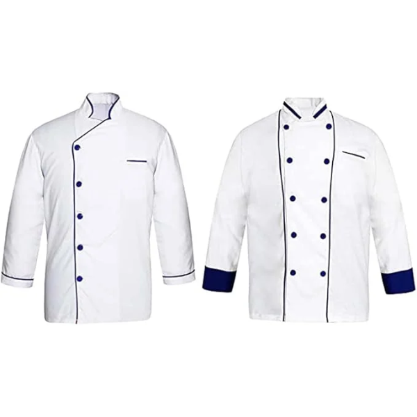 Men’s White Chef Jacket Long Sleeve (Pack of 2) in Multi Color Piping (Size= S TO 6-XL)