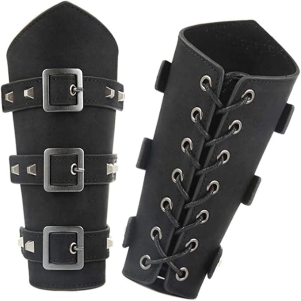 Adults Faux Leather Medieval Arm Guards and Leg Guards Armour with Buckled and Laces combo of 2 pair Black