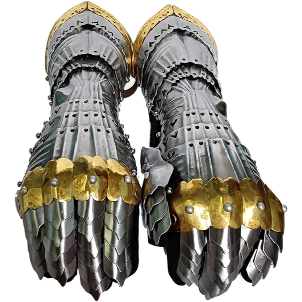 Medieval Warrior Steel Gothic Knight Style Warrior Functional Gloves & Gauntlets | Brass Accent