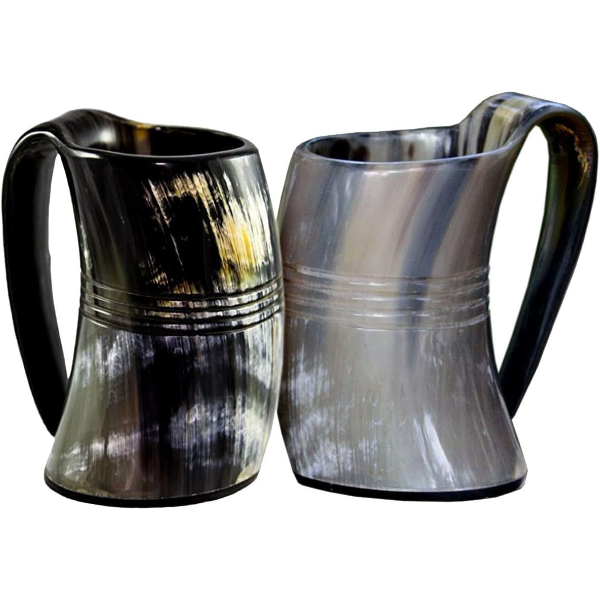 VIKING DRINKING HORN MUG (set of 2) Handcrafted Ox Cup Drink Mead & Beer Like Game of Thrones Heroes with This Large Tankard Stein Great Craftsmanship A Perfect for Real Men