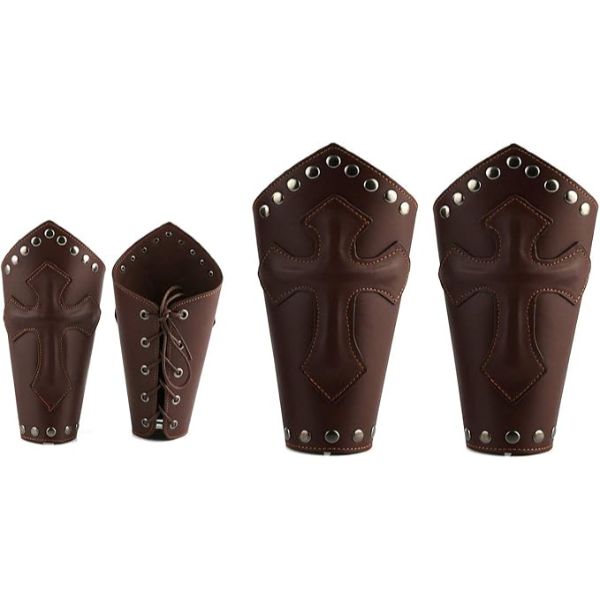 warrior point/Adults Faux Leather Greaves Leg Guard Set-One Size-Leather Armband Pair(set of 4 pcs) Brown