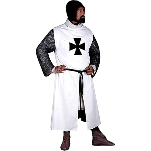 The Medieval Renaissance Men’s White Tunic Outwear Dress Black Templar Sca Larp (Size-XXS-7XL)